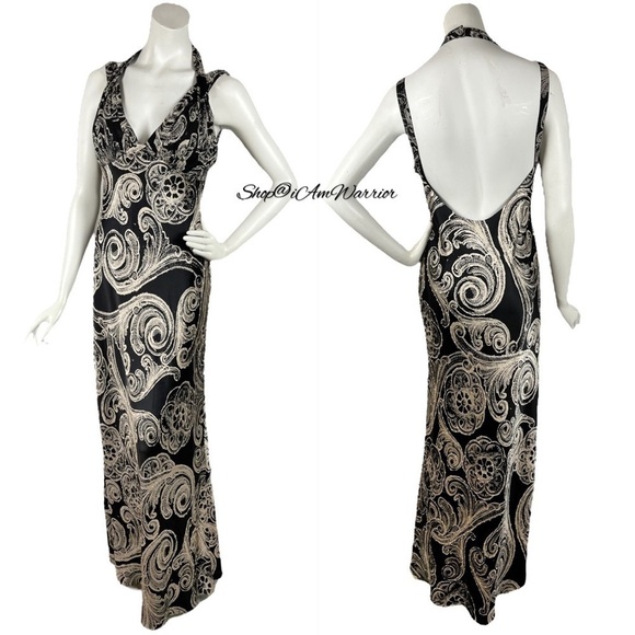Adrianna Papell black & white silk scroll print backless maxi dress - Picture 2 of 4